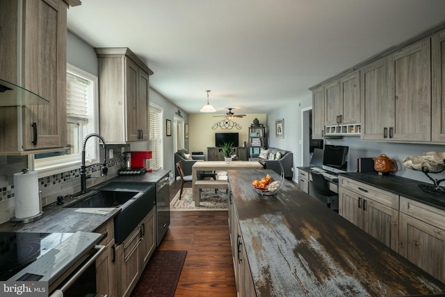 129 Prince Georges Dr, Dagsboro, DE 19939 - kitchen with a sink, dark wood-style flooring, tasteful backsplash, open floor plan, and ceiling fan