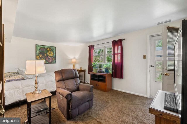 living area featuring carpet floors, baseboards, and visible vents
