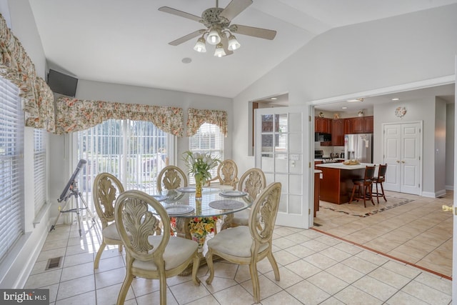 113 Anna Ct, Middletown, DE 19709 - dining room with a ceiling fan, visible vents, light tile patterned floors, and lofted ceiling