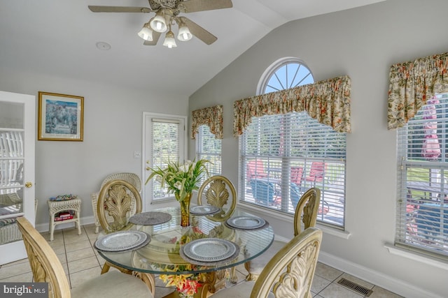 113 Anna Ct, Middletown, DE 19709 - dining room with visible vents, lofted ceiling, baseboards, a ceiling fan, and light tile patterned floors