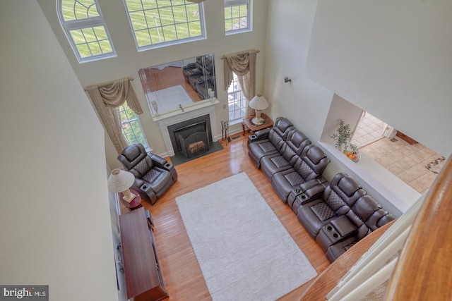 113 Anna Ct, Middletown, DE 19709 - living area with a high ceiling, a fireplace with flush hearth, plenty of natural light, and wood finished floors