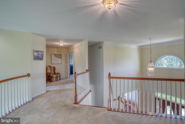 113 Anna Ct, Middletown, DE 19709 - hallway featuring visible vents, carpet flooring, and an upstairs landing