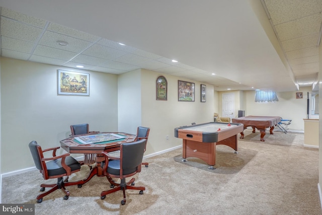 113 Anna Ct, Middletown, DE 19709 - recreation room with baseboards, billiards, a paneled ceiling, and carpet flooring