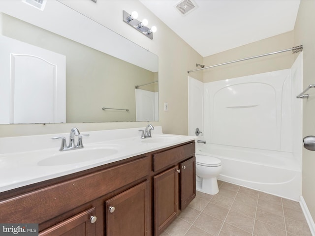 full bathroom featuring a sink, visible vents, toilet, and  shower combination