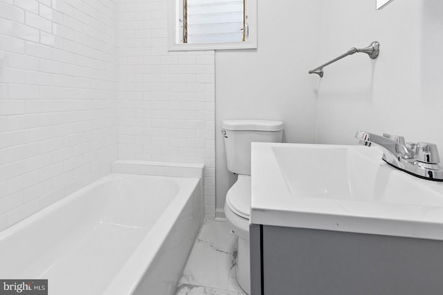 full bath featuring toilet, marble finish floor, and vanity
