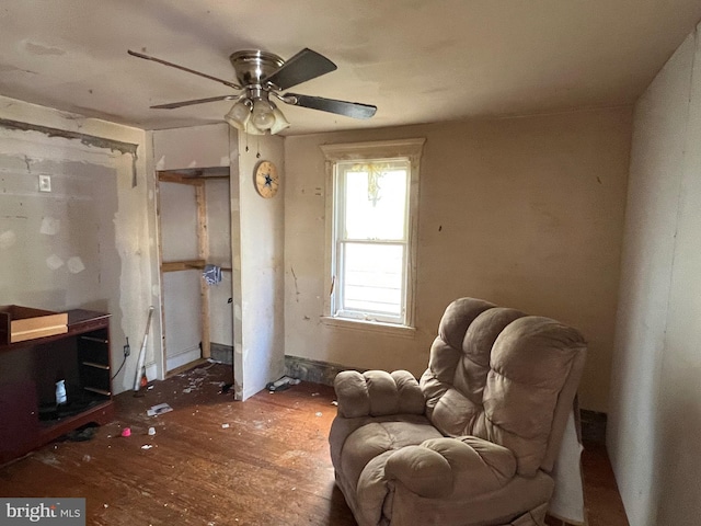 living area featuring a ceiling fan and wood finished floors
