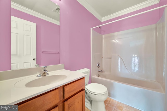 full bathroom featuring toilet, visible vents, shower / bath combination, crown molding, and vanity