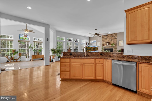 kitchen featuring ceiling fan, stainless steel dishwasher, a sink, and light wood finished floors