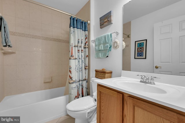 bathroom featuring shower / bath combo, vanity, tile patterned flooring, and toilet