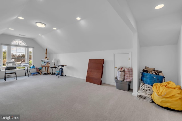 bonus room featuring baseboards, vaulted ceiling, carpet flooring, and recessed lighting
