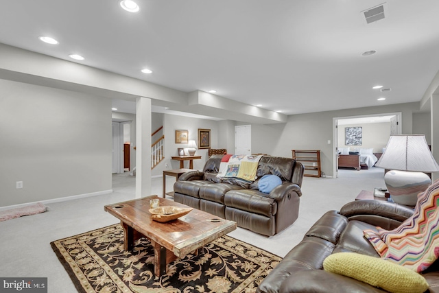 living area with recessed lighting, stairway, visible vents, light carpet, and baseboards