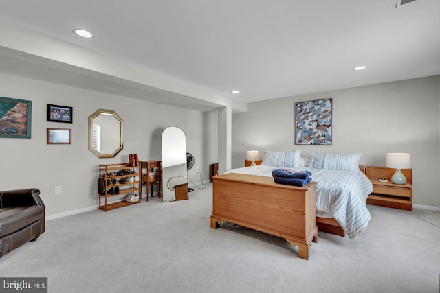 bedroom featuring recessed lighting, carpet floors, and baseboards