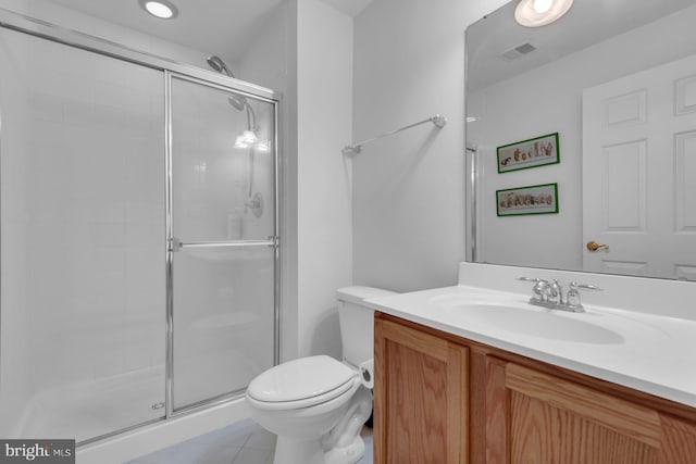full bathroom featuring a shower stall, tile patterned floors, visible vents, toilet, and vanity