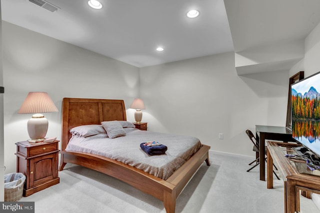 bedroom featuring recessed lighting, baseboards, visible vents, and light colored carpet