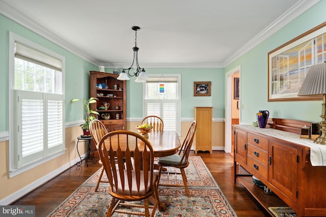 135 Cleremont Dr, Fredericksburg, VA 22405 - dining room featuring dark wood-style flooring, baseboards, ornamental molding, and a wealth of natural light