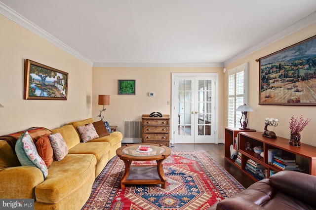 135 Cleremont Dr, Fredericksburg, VA 22405 - living area featuring french doors, ornamental molding, wood finished floors, and visible vents