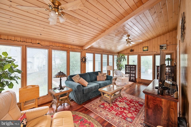 135 Cleremont Dr, Fredericksburg, VA 22405 - living area with ceiling fan, wood ceiling, wood finished floors, wood walls, and lofted ceiling
