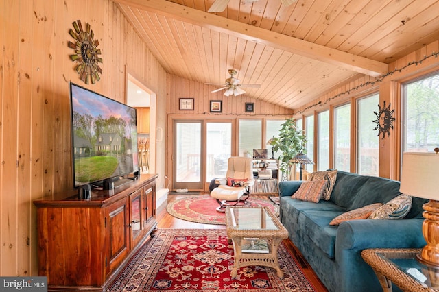 135 Cleremont Dr, Fredericksburg, VA 22405 - living room with lofted ceiling with beams, wood walls, ceiling fan, wooden ceiling, and wood finished floors