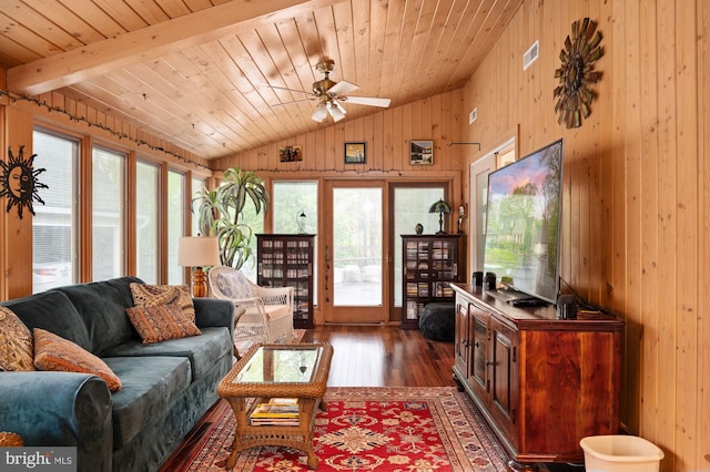 135 Cleremont Dr, Fredericksburg, VA 22405 - living area featuring visible vents, a ceiling fan, dark wood finished floors, wooden walls, and vaulted ceiling