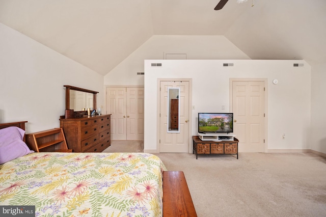 135 Cleremont Dr, Fredericksburg, VA 22405 - bedroom featuring light carpet, high vaulted ceiling, and visible vents