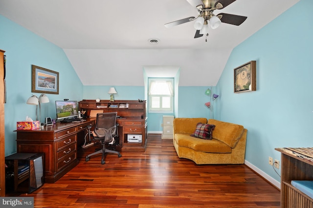 135 Cleremont Dr, Fredericksburg, VA 22405 - office area featuring lofted ceiling, dark wood-style flooring, baseboards, visible vents, and ceiling fan
