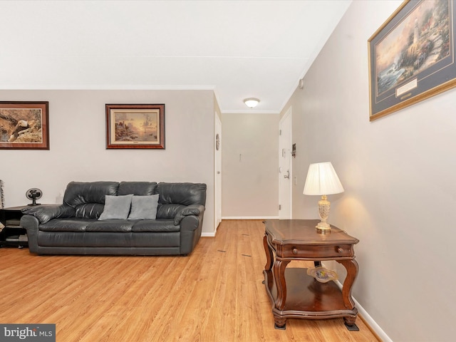 living room featuring crown molding, baseboards, and light wood-style floors