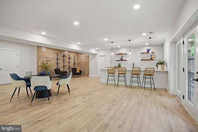 4134 Maple Ave, Fairfax, VA 22032 - dining space with recessed lighting, wood walls, visible vents, and light wood-type flooring