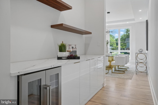 4134 Maple Ave, Fairfax, VA 22032 - bar with recessed lighting, light wood-style flooring, wine cooler, and a tray ceiling
