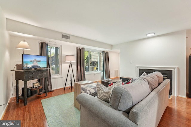living room with visible vents, wood finished floors, and a fireplace