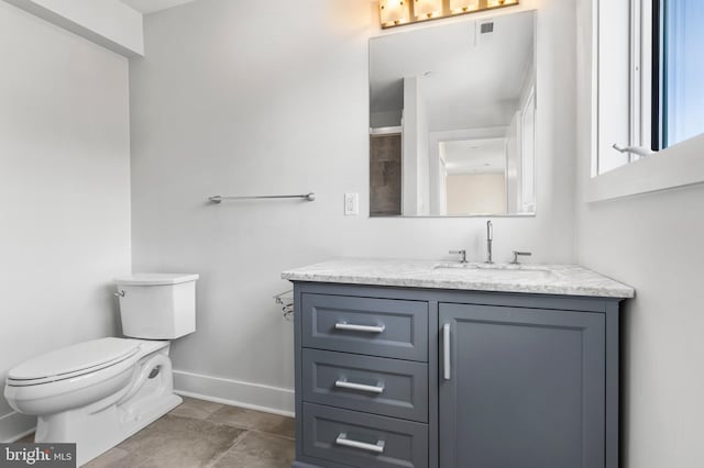 bathroom featuring visible vents, toilet, vanity, and baseboards
