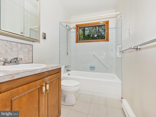 bathroom with tile patterned flooring, tasteful backsplash, vanity, toilet, and bathing tub / shower combination