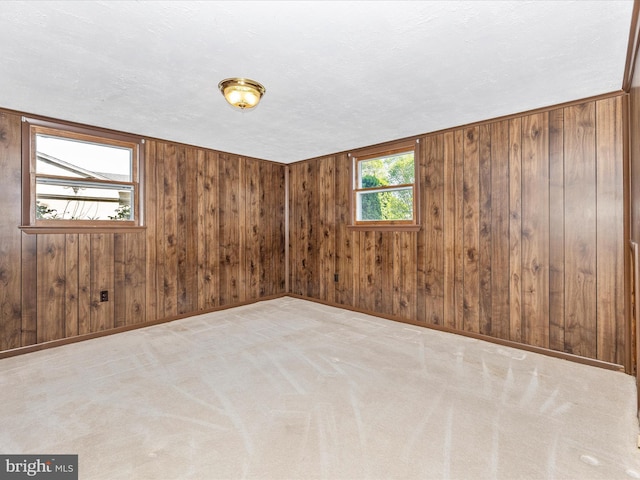 empty room with wooden walls and carpet floors