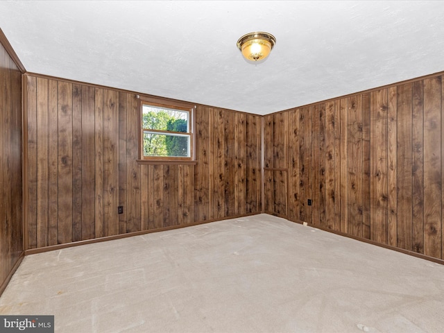 unfurnished room with wooden walls and carpet floors