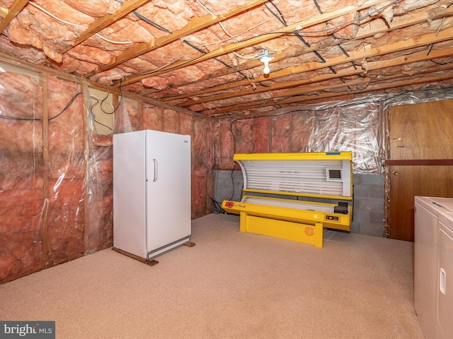 below grade area with washer / dryer, freestanding refrigerator, and carpet