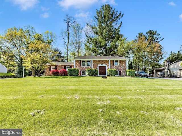 raised ranch featuring a front yard and brick siding