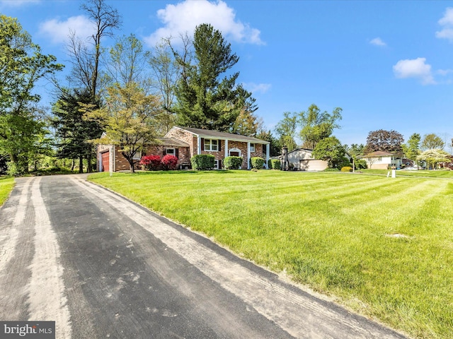 raised ranch featuring brick siding, driveway, and a front yard