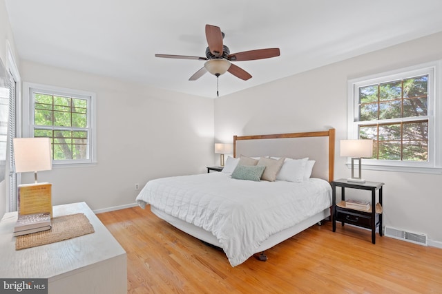 bedroom with visible vents, light wood-style flooring, baseboards, and multiple windows
