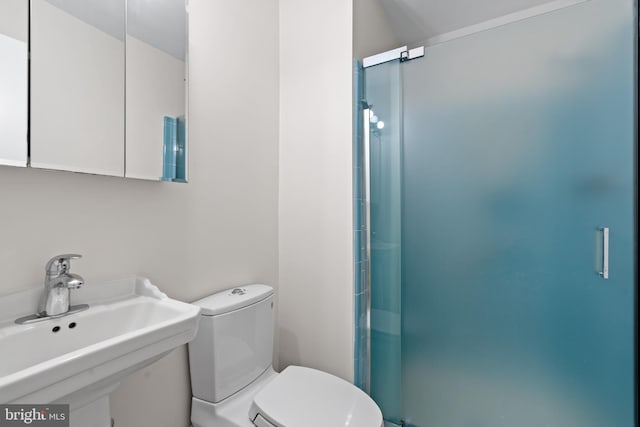 bathroom with toilet, a sink, and a stall shower