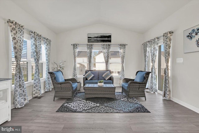 sitting room with vaulted ceiling, wood finished floors, and a wealth of natural light
