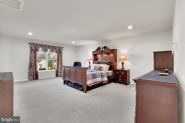 bedroom featuring visible vents, recessed lighting, baseboards, and carpet floors