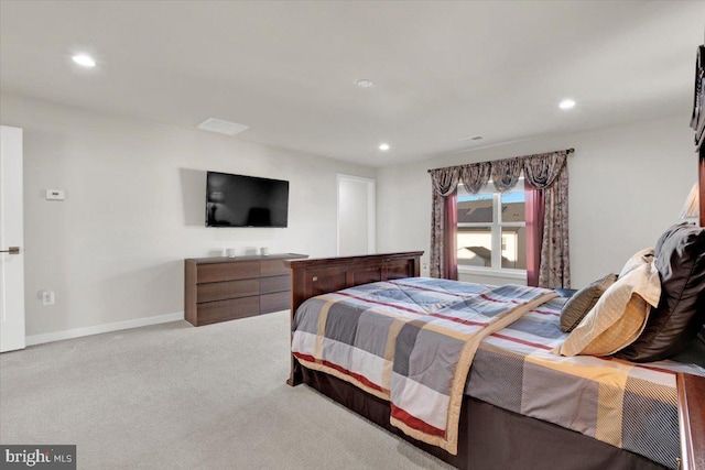 carpeted bedroom with baseboards and recessed lighting