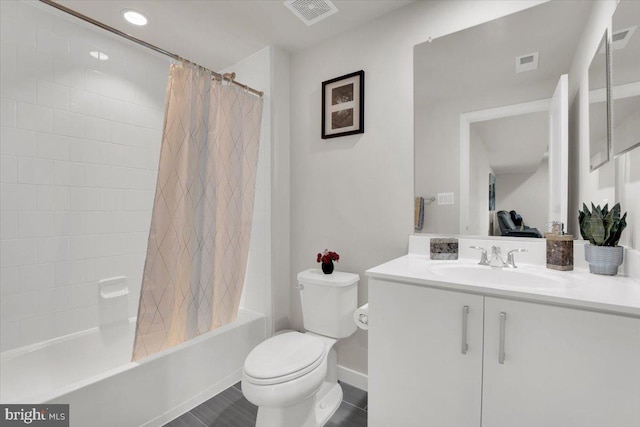 bathroom with visible vents, shower / bath combination with curtain, toilet, and vanity