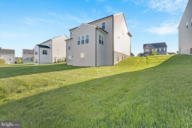 back of house with a lawn and a residential view