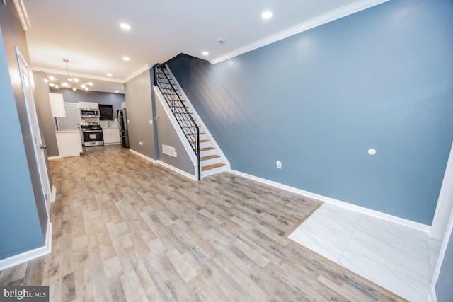 173 W Seymour St, Philadelphia, PA 19144 - unfurnished living room featuring visible vents, ornamental molding, a chandelier, stairs, and light wood-style flooring