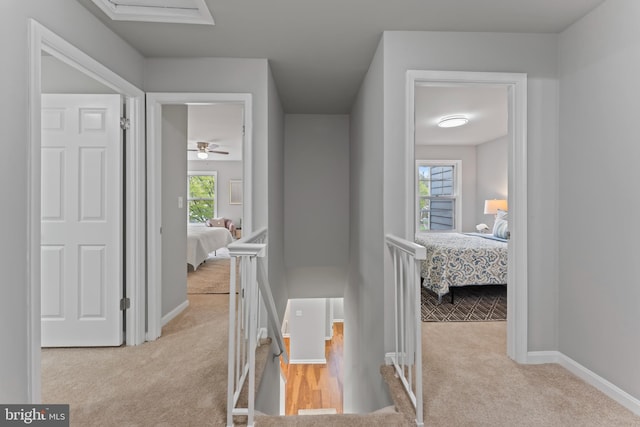 corridor with baseboards, an upstairs landing, and carpet flooring