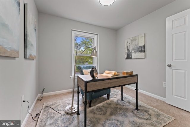 carpeted home office featuring baseboards