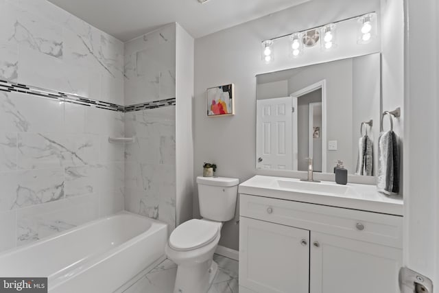 full bath featuring vanity, baseboards, shower / bath combination, toilet, and marble finish floor