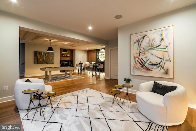 living room with recessed lighting, baseboards, wood finished floors, and pool table