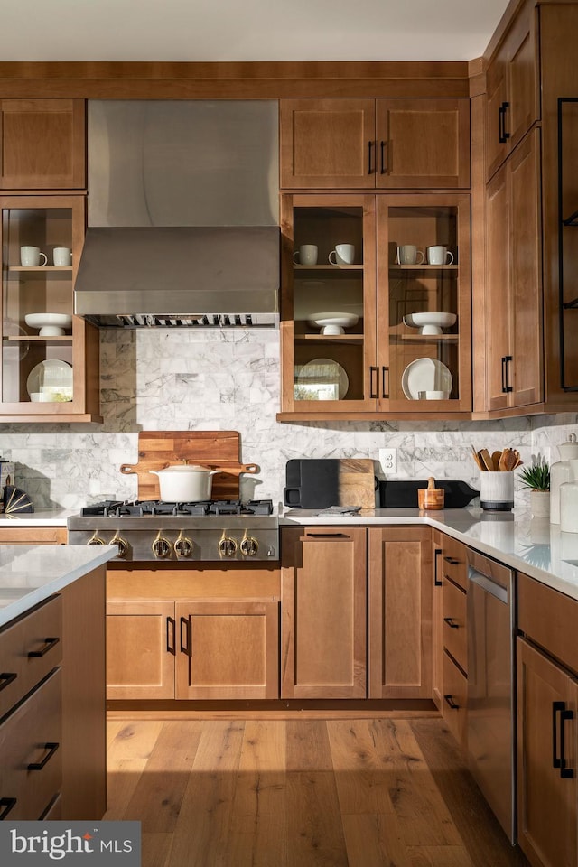 kitchen with tasteful backsplash, appliances with stainless steel finishes, wall chimney exhaust hood, and light wood finished floors
