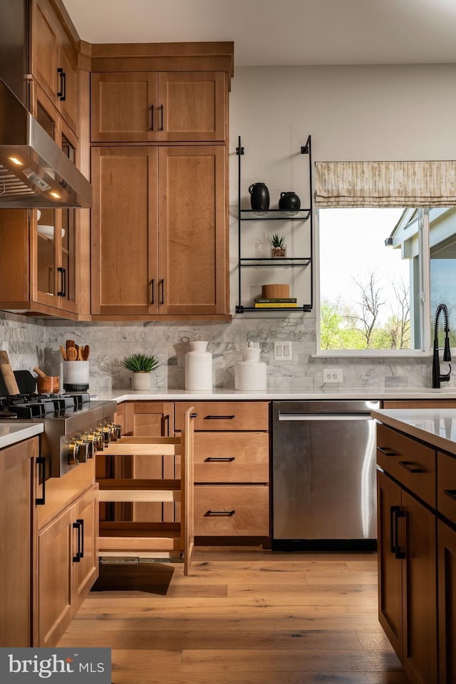 kitchen with light wood-type flooring, decorative backsplash, appliances with stainless steel finishes, and exhaust hood